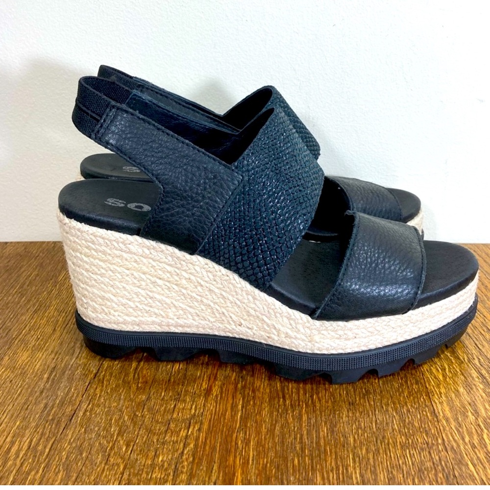 Sorel Joanie ll Slingback Wedge Espadrille Womens Size 8 Black Leather